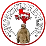 Logo of Texas Patriot Towing showing a veteran, map of san antonio and guns