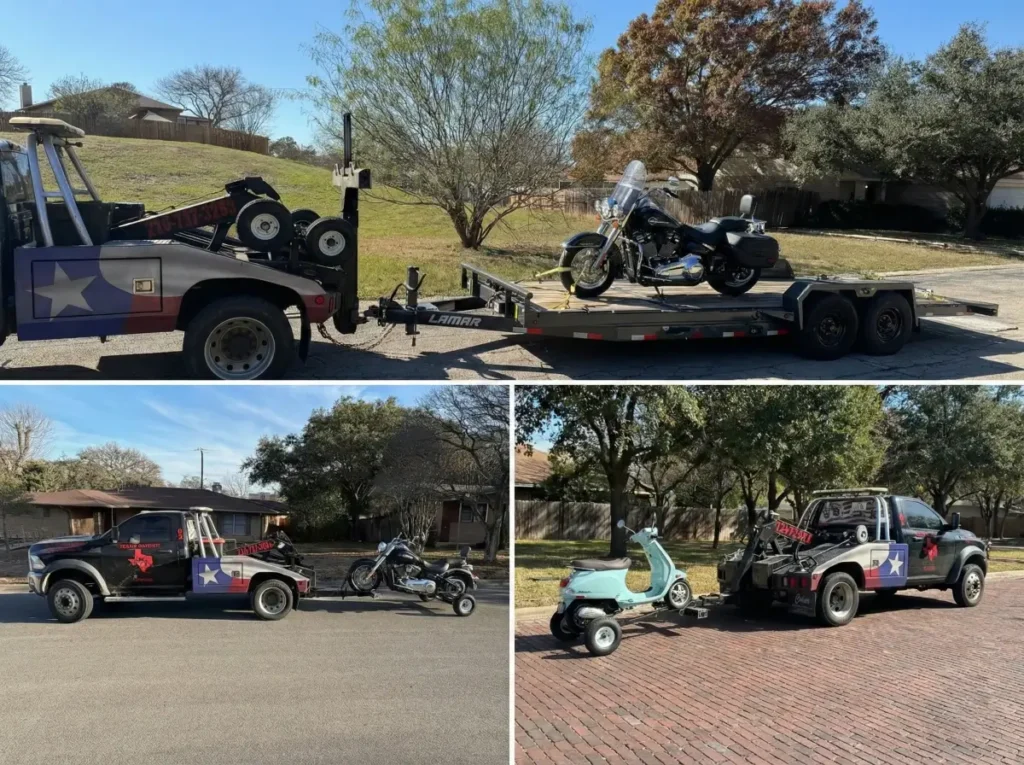 Collage of motorcycle towing jobs by San Antonio, TX